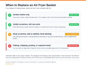 Four-stage severity chart showing air fryer basket coating wear from surface marks to flaking, with the recommended action at each stage