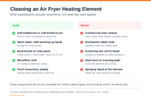Two-column chart comparing safe air fryer heating element cleaning methods against methods manufacturers warn against